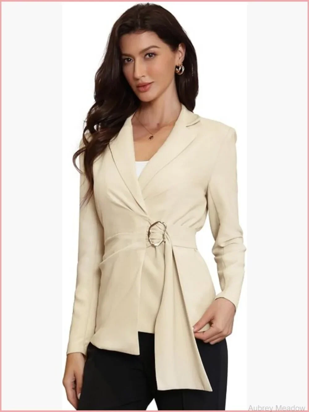 Business Casual Blazer with Notch Lapel & Buckle Waist Long Sleeve Office Jacket
